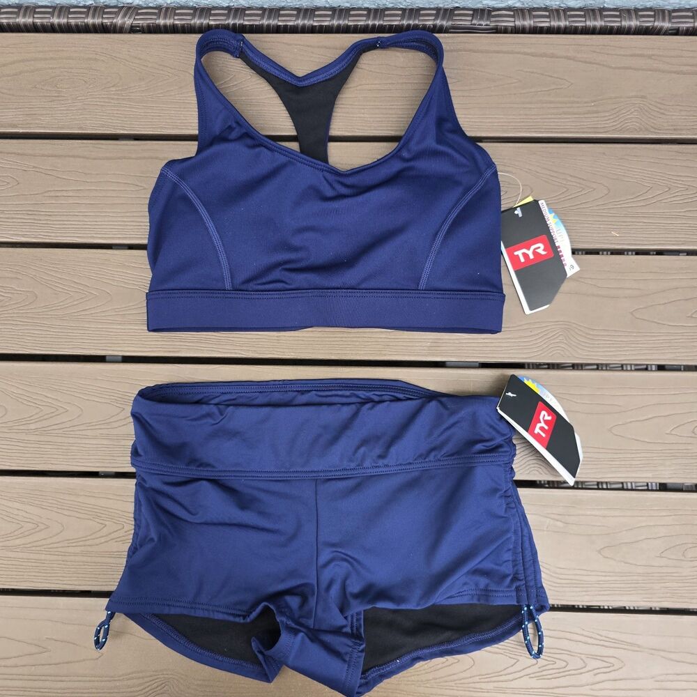 TYR Durafast Women's Navy Skyler Racerback Top & Della Boyshorts Sz XS New